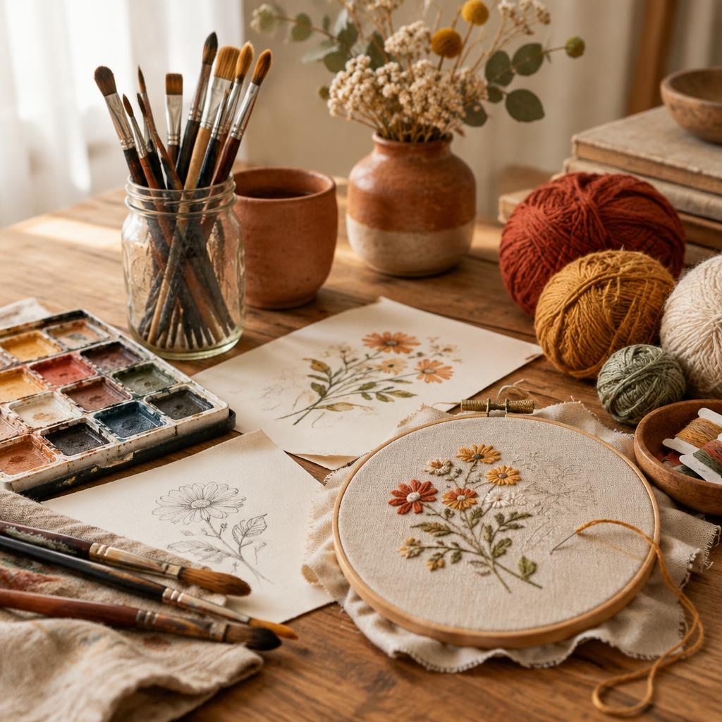 Pincéis, aquarela, bastidor com bordado e novelos de lã